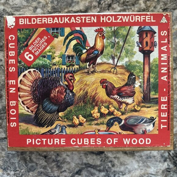 Vintage German Wood Blocks Toy With Wood Box And Prints - Picture 1 of 4
